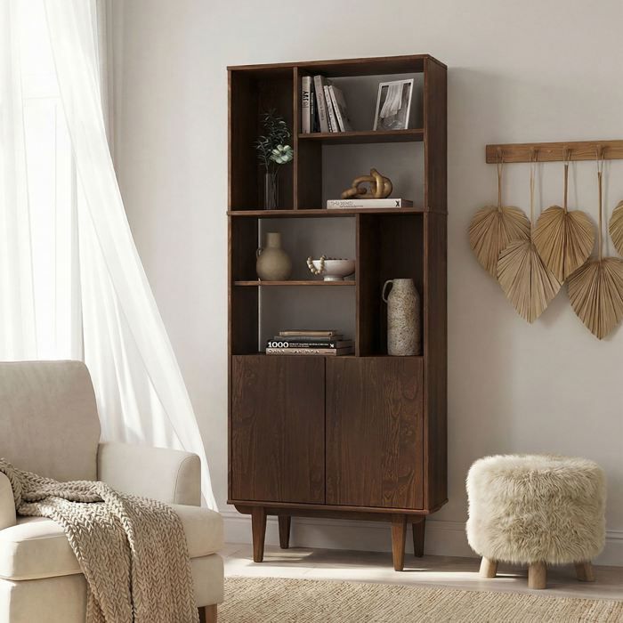 Buffet haut SIMONA 80x188 cm en bois massif coloris noyer avec 2 Portes 6 Étagères Vaisselier en hauteur Buffet haut SIMONA 80x188 cm en bois massif coloris noyer avec 2 Portes 6 Étagères Vaisselier en hauteur