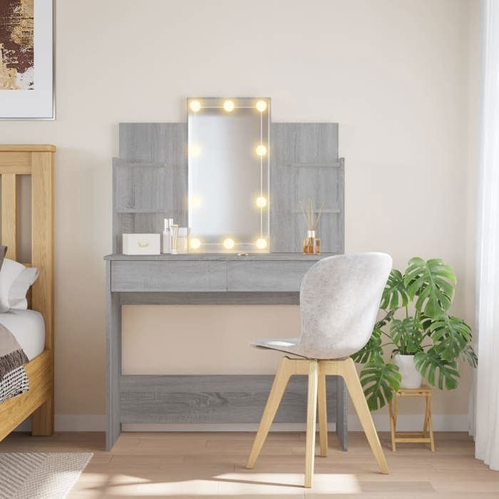 SALE 2025Coiffeuse meuble moderne à femmes - Coiffeuse avec lumières LED - Sonoma gris - 96x40x142 cm 34 13 Kg 1186