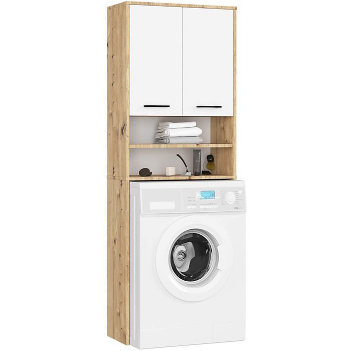 Meuble pour machine à laver AKORD FIN Chêne Artisan 64 cm 2 portes façade Blanche 4 étagères 64x30x180 cm