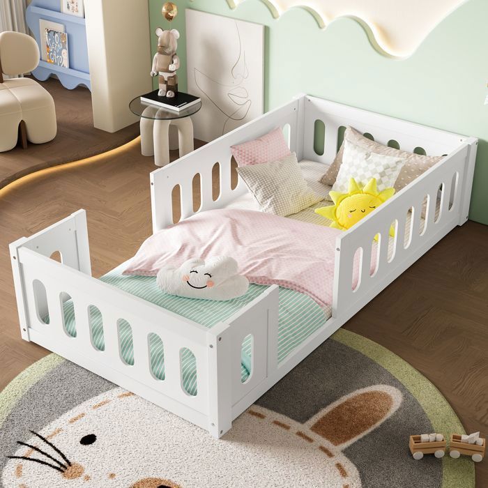 Lit enfant en bois 90x200 cm - Avec barrières - MDF + bois massif - Sans Sommier - Blanc