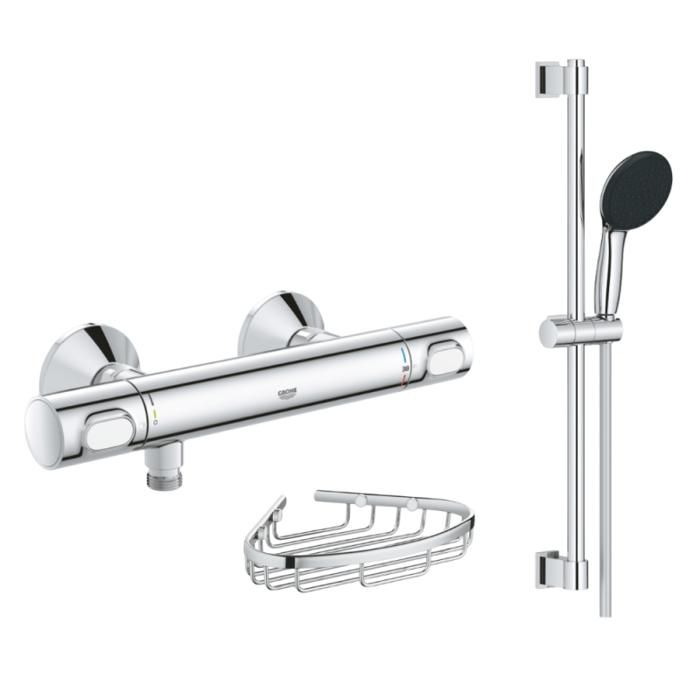 Grohe Mitigeur douche thermostatique Precision Flow + Ensemble de douche 2 jets avec barre + Porte-savon