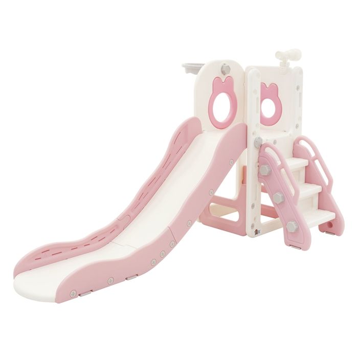 Joyz – Toboggan Et Structure D’escalade 5 En 1 – Avec Panier Basket, Télescope, Tunnel Et Rangement – Intérieur/extérieur – Dès 3 Ans – HDPE Rose