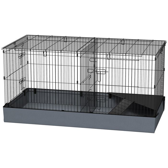Cage pour petits animaux 2 en 1 avec dessus amovible enclos lapin 2 zones séparées rampe 121 x 61 x 61 cm en acier noir