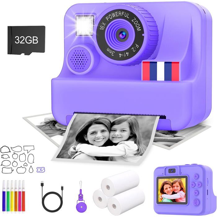 Appareil Photo Instantané ZAZU Pour Enfants – 48 MP, Vidéo 1080P, Impression Thermique Sans Encre, 2 Rouleaux Inclus Appareil Photo Instantané Enfants 48MP