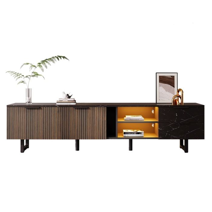 Meuble TV 200 cm Noir Aspect Marbre avec Portes en Bois Foncé 2 Portes 2 Tiroirs Éclairage LED Réglable Compatible Robot Aspirateur