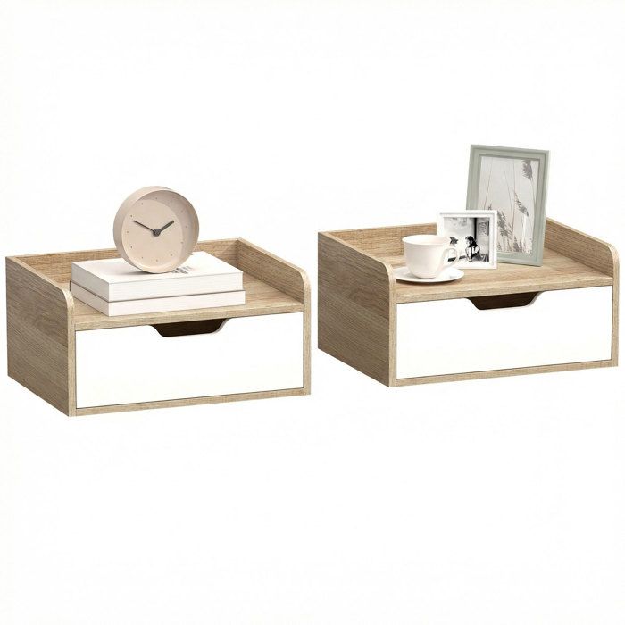 Lot de 2 tables de chevet murales - HOMCOM - tiroir et plateau à rebords surélevés - panneau de particules - 40x30x195cm - naturel