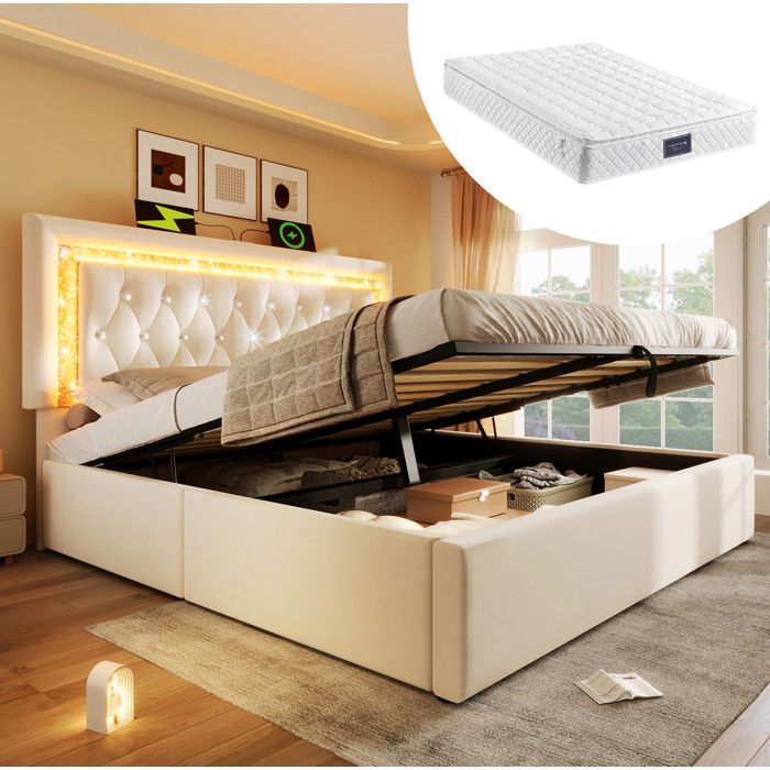 Lit 140 × 200 cm en velours beige avec LED rangement hydraulique et matelas
