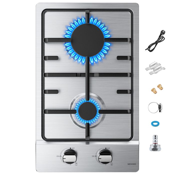 Plaque de cuisson à gaz - WEHIMO - 2 foyers - Inox - Gaz naturel/propane - 27 kW & 1 kW