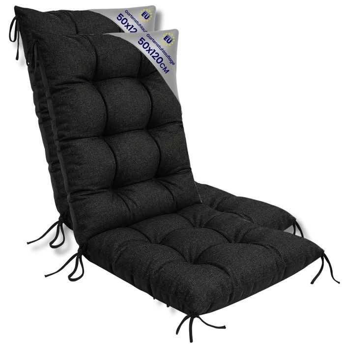 Coussin Chaise Jardin Dossier Haut Set: 2x 50x120 cm - Matelas Siege Extérieur Mobilier Confort Imperméable Graphite lin écologique