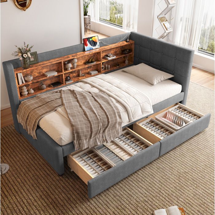 ULEVR Lit banquette 90 x 200 cm gris avec 2 tiroirs ports USB et Type-C sommier a lattes sans matelas