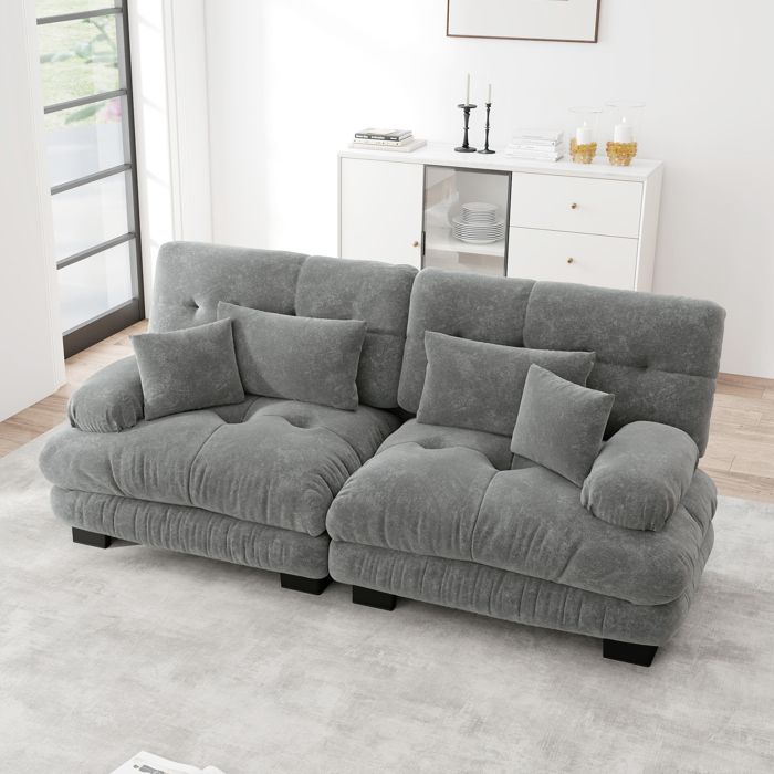 Canapé 2 Places Effet Nuage Canapé Salon Confortable avec 4 Coussins - Assise Profonde - Structure Bois Massif - Chenille Gris