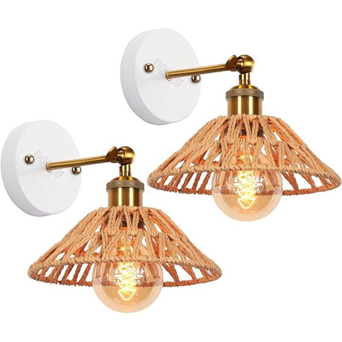 Lot de 2 Appliques Murales Industrielles Design Lampe murale en corde de chanvre et Métal Spots Marrón A-2 LUSTRE