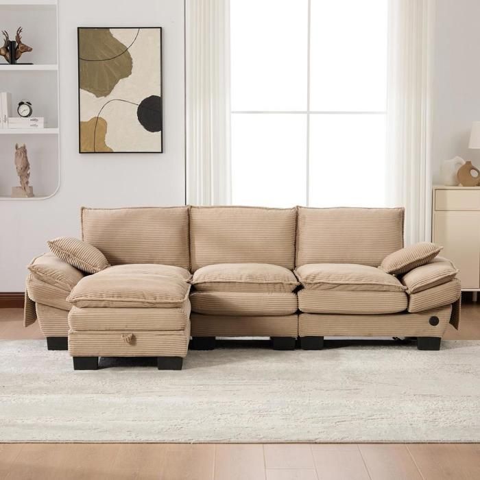 Canapé - KOMHTOM - Modulaire 3 places - Velours côtelé kaki - Avec pouf - Port USB-C - Rangement Canapé - KOMHTOM - Modulaire 3 places - Velours côtelé kaki - Avec pouf - Port USB-C - Rangement