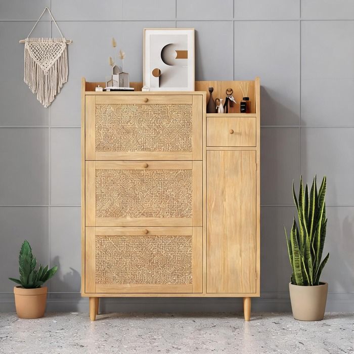 Meuble à chaussures scandinave en MDF et rotin naturel 3 portes basculantes et 1 tiroir gain de place 90 x 17 x 125 cm