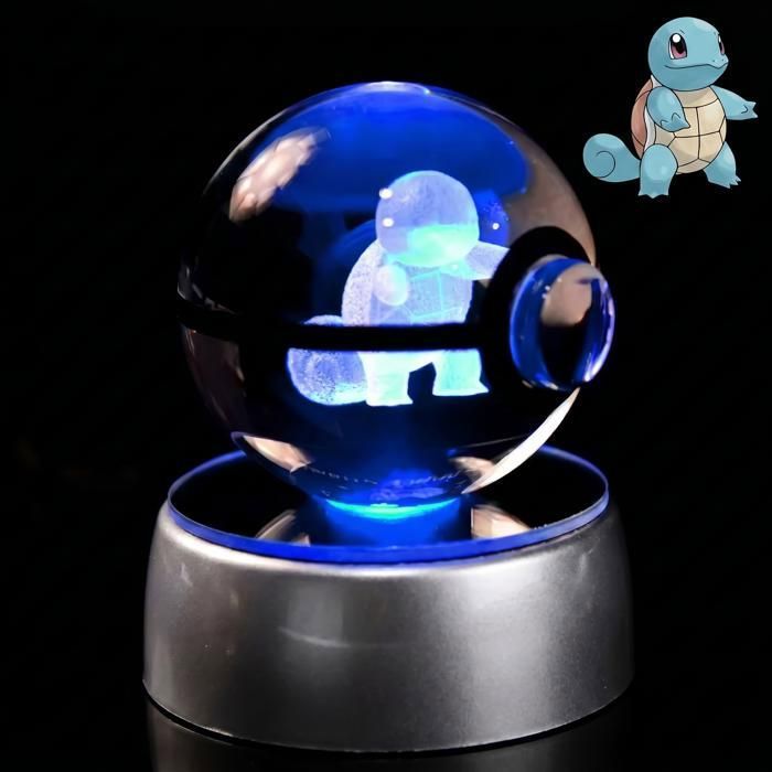 Boule de Cristal 3D Lumineuse avec Socle LED RGB – Veilleuse en verre gravé – style Carapuce