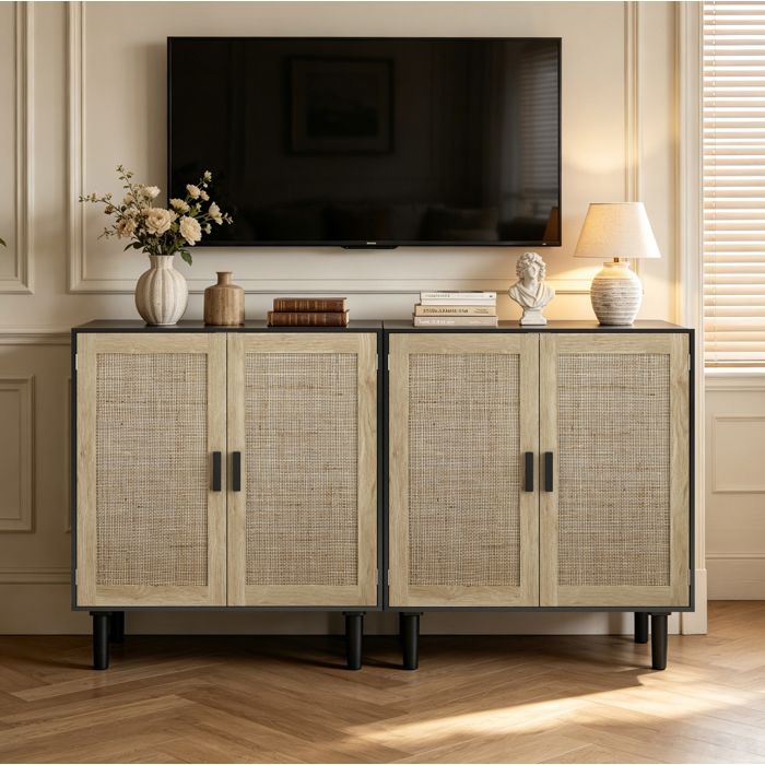 Buffet bas 2 portes EVRYAE 80 x 40 x 88 cm en MDF noir avec décor rotin pour salon salle à manger