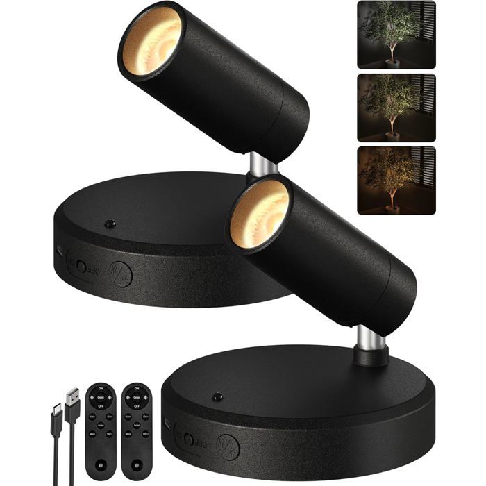 Spot LED sans fil rechargeable 5500 mAh - lot de 2 - éclairage orientable 350° 3 couleurs télécommande finition noir