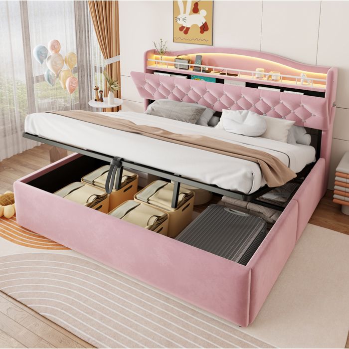 Lit coffre Double 180×200 cm LED USB et USB-C rangements tête de lit - ELVMI - sans matelas velours rose