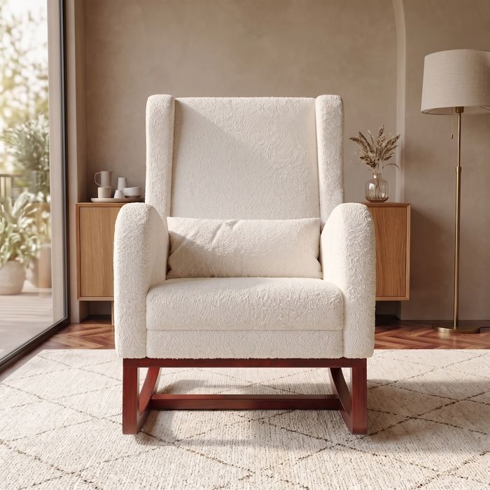Chaise à Bascule Relax Fauteuil à Bascule rembourré en Tissu avec Dossier Haut avec Antidérapant Pieds et Repose jambes Blanc