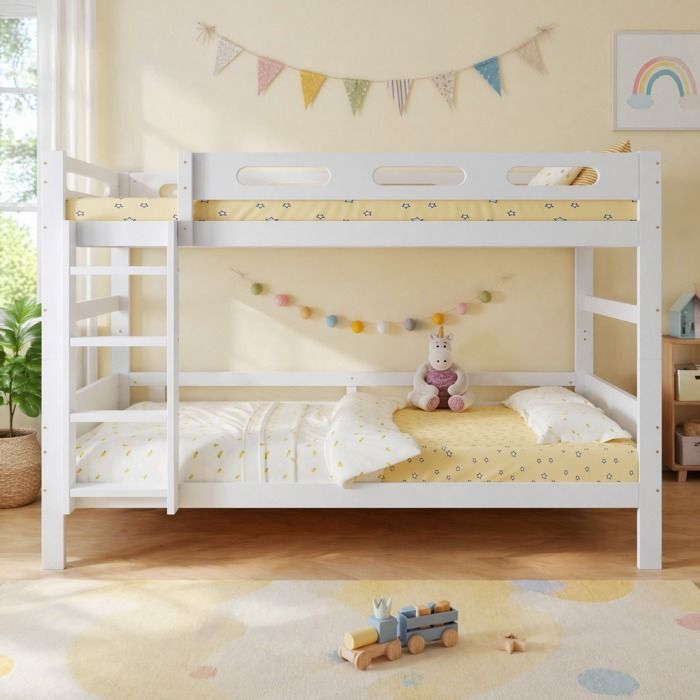 Lit superposé enfant 90 × 200 cm avec échelle fixe et barrière - YEAVIO - sans matelas bois blanc