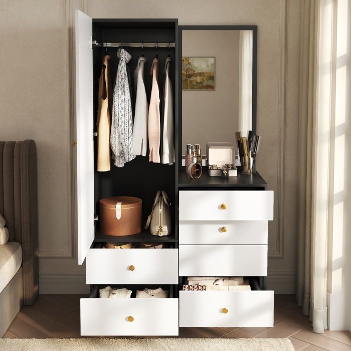 Coiffeuse Dressing MDF Blanc Et Noir Armoire Miroir Design FloraGrace Meuble De Chambre Tabouret Escamotable 90x50 5x160cm
