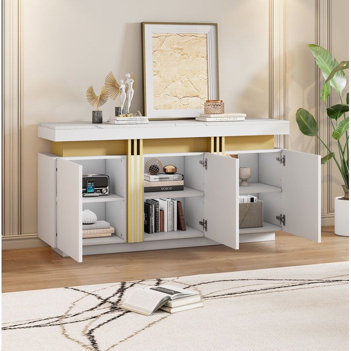 Buffet blanc 140 cm effet marbre 3 portes – rangement modulable