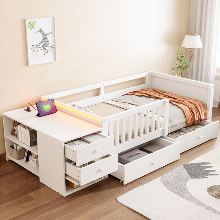 Lit combiné enfant 90×200 cm avec bureau rangements prise et LED - MEUNIQ - sans matelas blanc