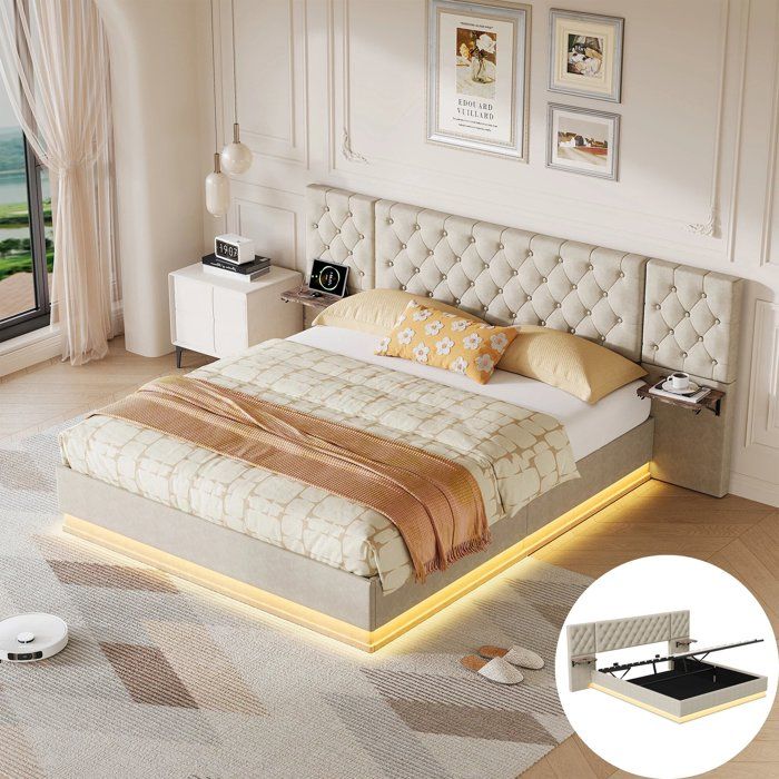 Lit coffre double 160 x 200 cm en lin beige avec recharge sans fil USB/Type-C 2 tables de chevet intégrées Sommier à lattes