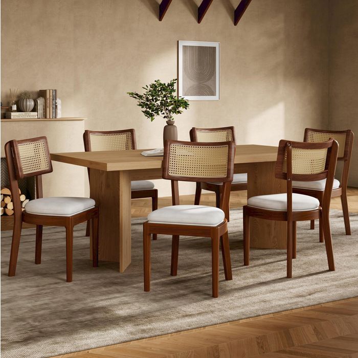 Chaises de Salle à Manger lot de 6 avec dossier en rotin - BEAUNIV - assise en lin Bois Noyer 50 × 58 × 88 cm