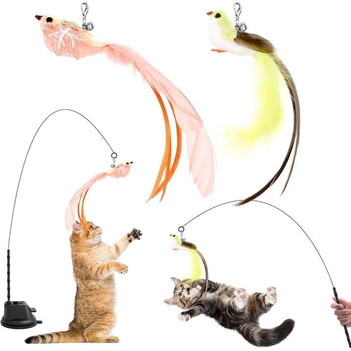 Chat Interactif Interieur Jouets pour Chats avec Ventouse 1 Canne a Peche Chat avec 2 Oiseaux à Clochettes Jouets KIT JOUET