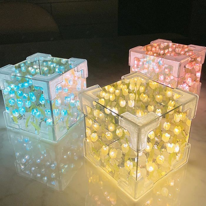 Lampe table DIY tulipe miroir LED carrée faite main décoration chambre bureau cadeau femmes 20 tulipes jaunes