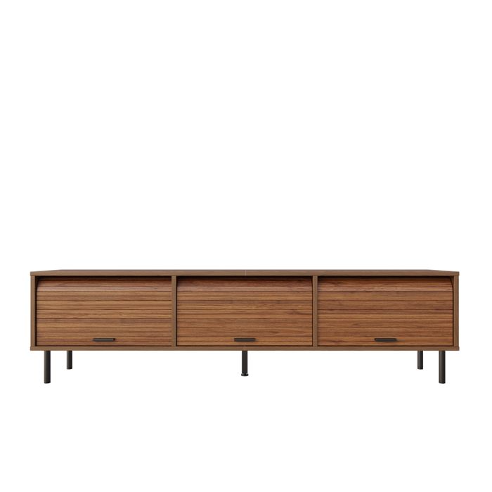Meuble TV bas 180 cm avec 3 portes coulissantes à rainures verticales pieds métal noirs style moderne