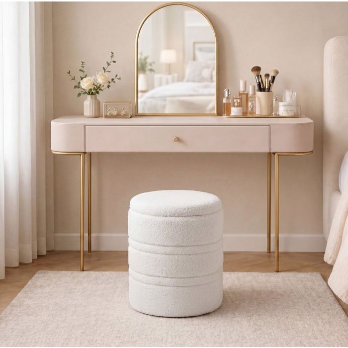 ELVORIN Tabouret coffre rond 40 x 40 x 49 cm Sherpa blanc 33 L de rangement 120 kg livré monté intérieur