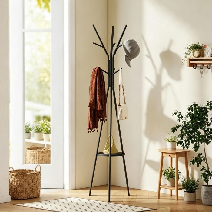 MEUBLIV Porte-manteau sur pied noir 9 crochets étagère intégrée métal et MDF 180 cm
