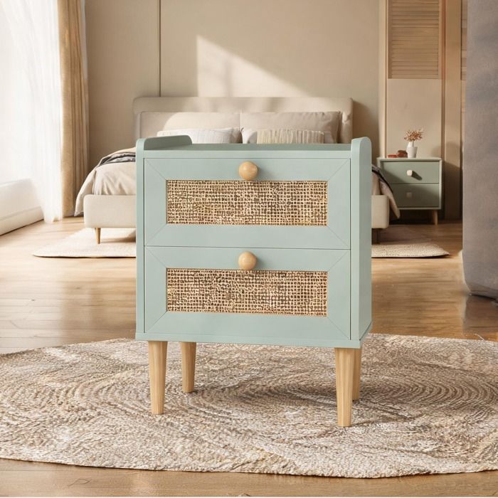 Table de chevet 2 tiroirs effet rotin naturel et MDF vert olive 39 8 x 30 x 52 5 cm - Vert MDF 39.8 x 30 x 52.5 cm Ref I7YA8I