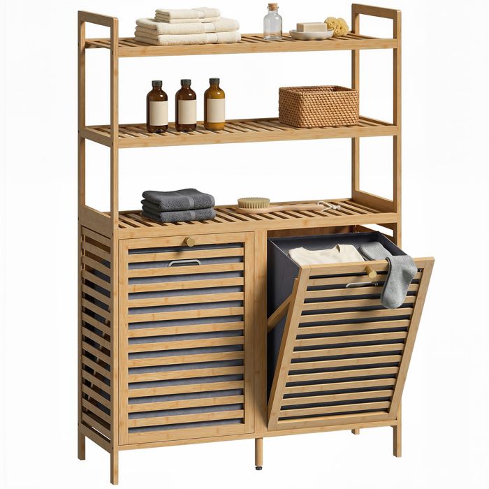 Meuble de salle de bain avec panier à linge en bambou avec 2 paniers amovibles et étagères à 3 niveaux chêne