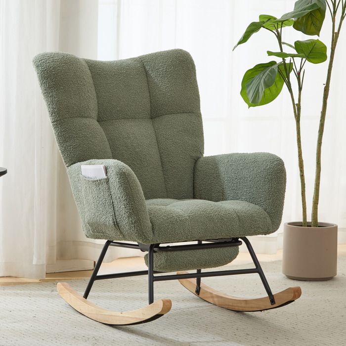 Fauteuil à bascule avec repose-pieds et poche tissu teddy pour chambre de bébé base en bois massif vert