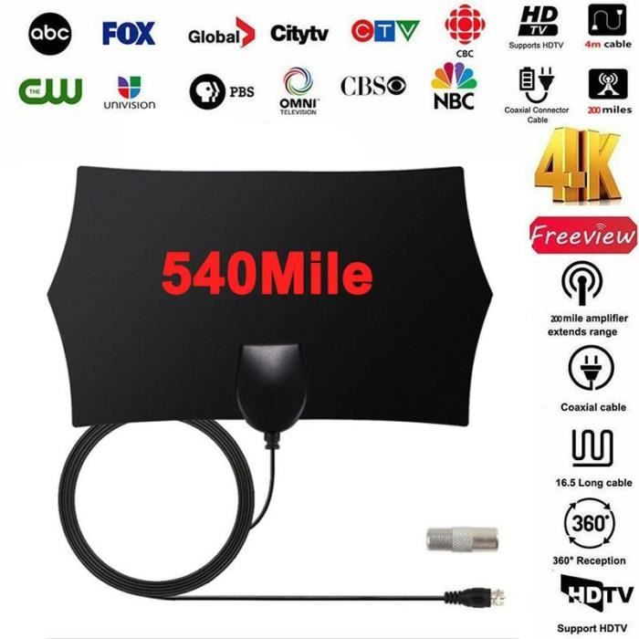 Antenne TV Intérieure Numérique Mini - Portée 80 Km - Support 1080p - Câble 3 M - Pour HDTV