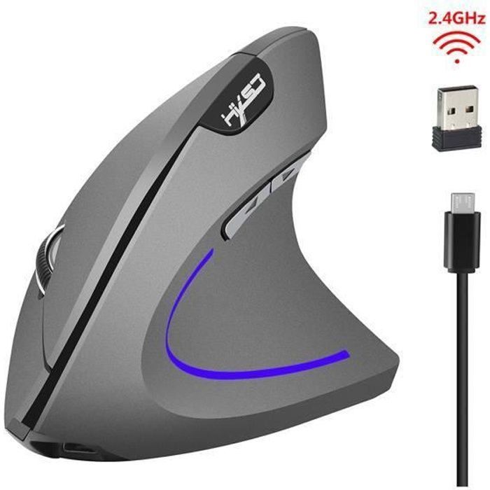 Souris Verticale Sans Fil – Gris – 600mAh Rechargeable – 6 Boutons – Confort Ergonomique