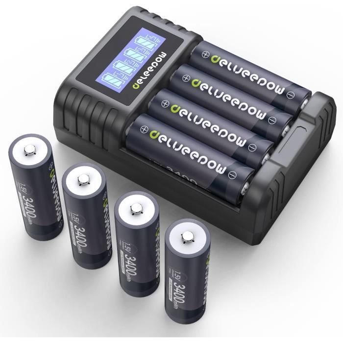 Piles AA Lithium Rechargeables Delyeepow - 3400mWh, USB-C, Lot De 4 Avec Câble