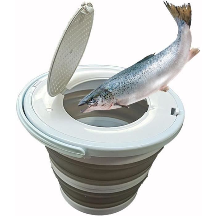 Seau à Poisson Pliable 13 Litres Avec Couvercle Verrouillable - Pour Pêche, Camping, Rangement - Dimensions 33x22x21.5 Cm