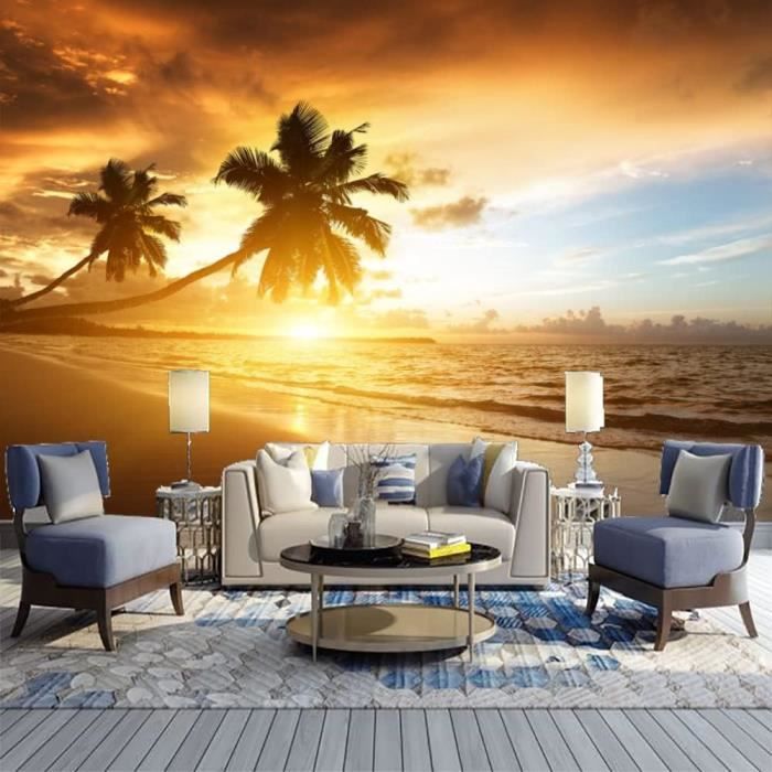 Autocollant Mural Repositionnable Coucher De Soleil Plage - Déco Murale 28x18 Cm