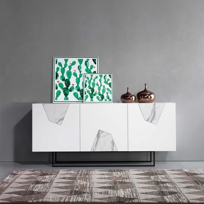 Buffet bas - ADEL - 3 portes inserts en verre effet marbre - Blanc - Elégance - Chic