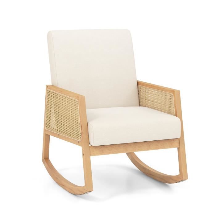 fauteuil à bascule - costway - accoudoirs en rotin - cadre en bois massif - charge max. 150kg