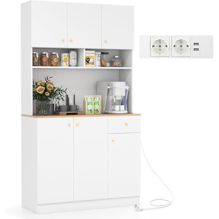 COSTWAY Buffet de Cuisine avec Prises Ports USB Étagères Réglables à 3 Positions et Kits Anti-Basculement 100 x 40 x 181 CM