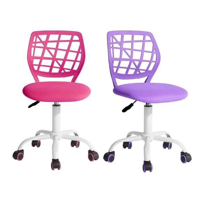 furniturer lot de 2 chaise de bureau adolescents pivotante réglable avec siège en tissu ergonomique, rose+violet
