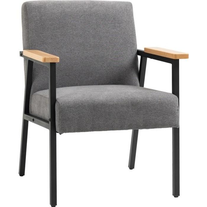 fauteuil lounge néo-rétro homcom - structure acier noir, accoudoirs bois hévéa, revêtement tissu aspect lin gris