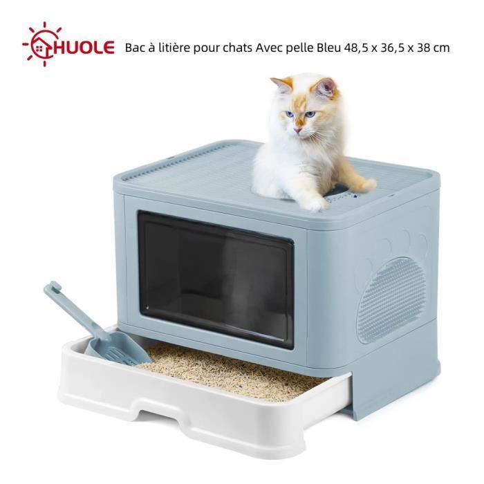 Meilleurs prix pour Bac à litière pour chats - HUOLE - Avec pelle + boîte de rangement - Bleu - Taille petit - Senior