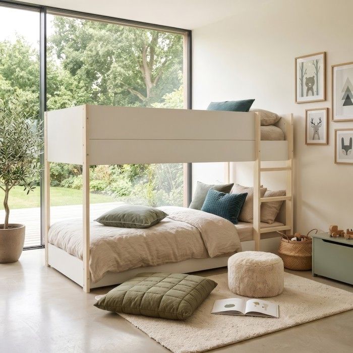 LIT SUPERPOSE 90x190 BOB + 2 SOMMIERS / Blanc et Bois clair