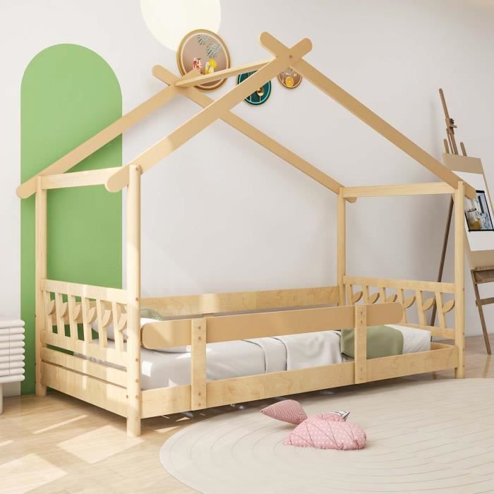 Lit cabane 90x190 - Lit Tipi Montessori en bois pin naturel et blanc -  Sommier inclus - Lit enfant 90 x 190 cm - Cdiscount Maison